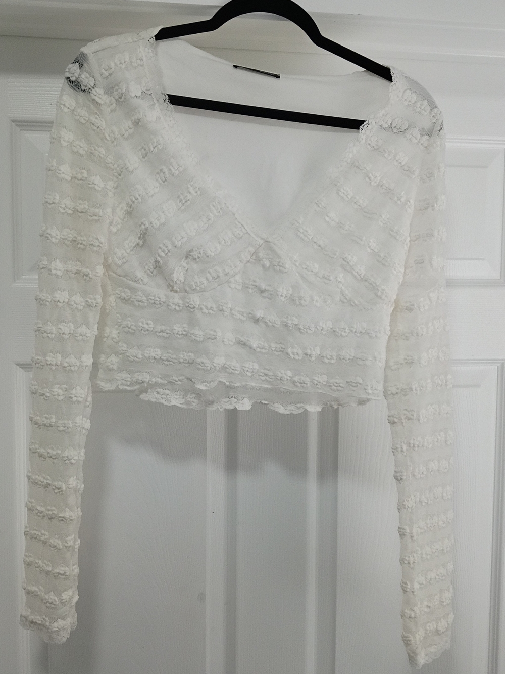 SHEIN White Floral Lace Mesh Crop Top Long Sleeve Festival Y2K Wrap Front Sz L